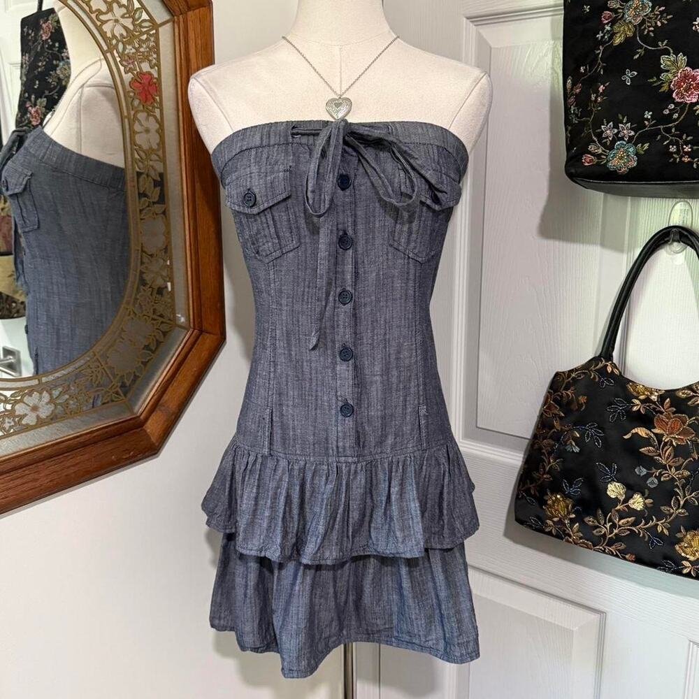 VTG Y2K 579 Blue Denim Strapless Button Down Tiered Ruffle Hem Mini Dress S